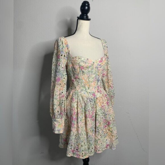 NWT Bardot Lila Flounce Broderie Pastel Floral Long Sleeve Mini Dress - Picture 3 of 13